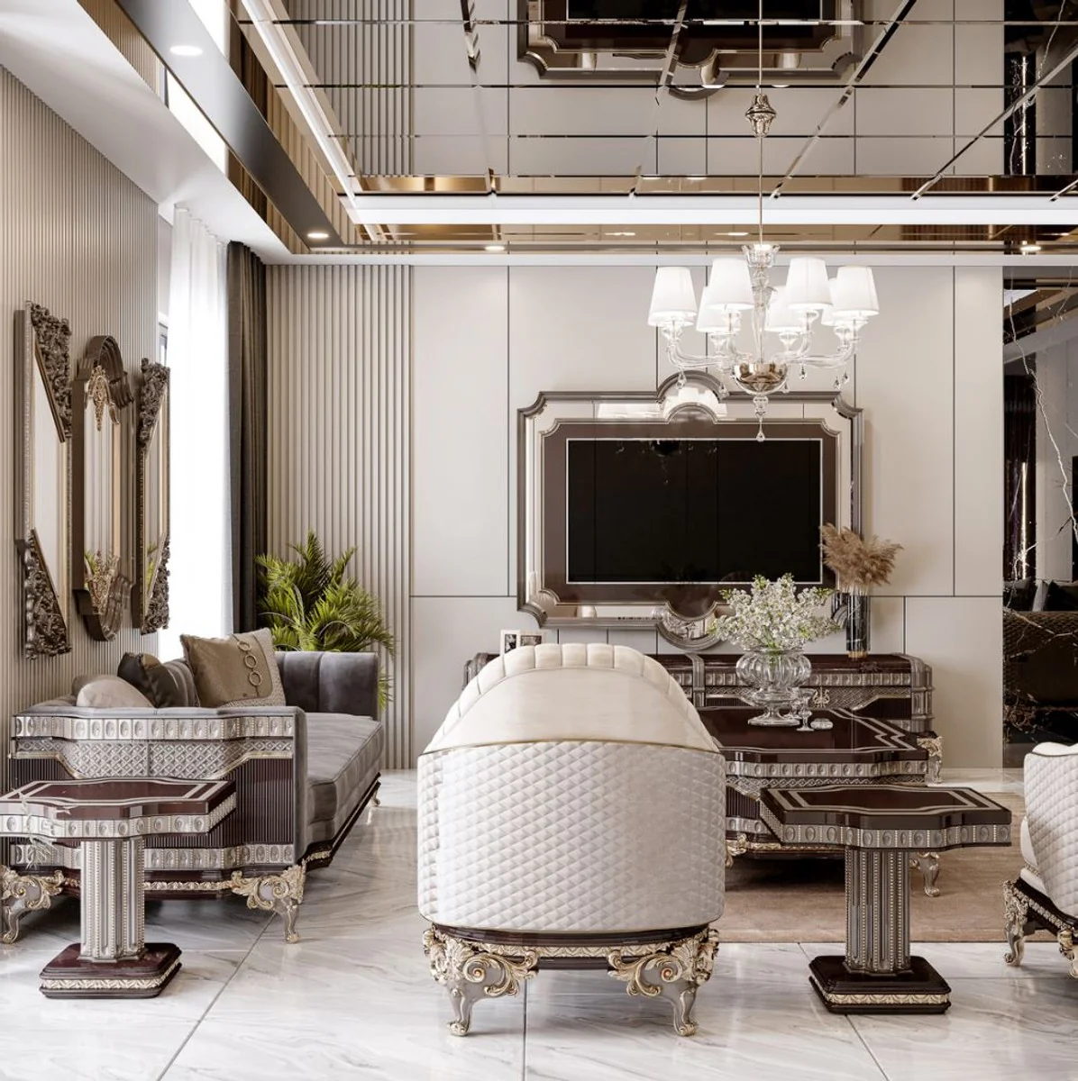 Luxury baroque sofa gray / dark brown / gold 265 cm