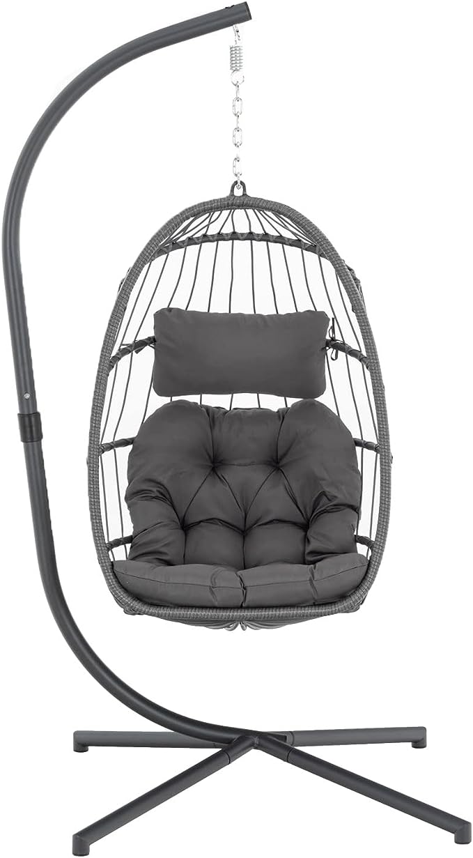 Yechen Indoor Outdoor Egg Hanging Chair mit Stand, Patio Wicker Swing Egg Chair Indoor Swing Chair Outdoor Hammock Egg Chair 350lbs Kapazität für Patio Schlafzimmer Balkon, Charcoal Grey (EG-001)