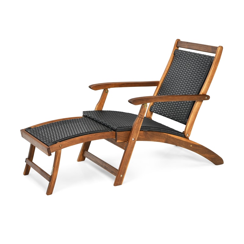 Acacia Holz Falten Wicker Patio Chaise Lounge Chair mit abnehmbarer Fußstütze