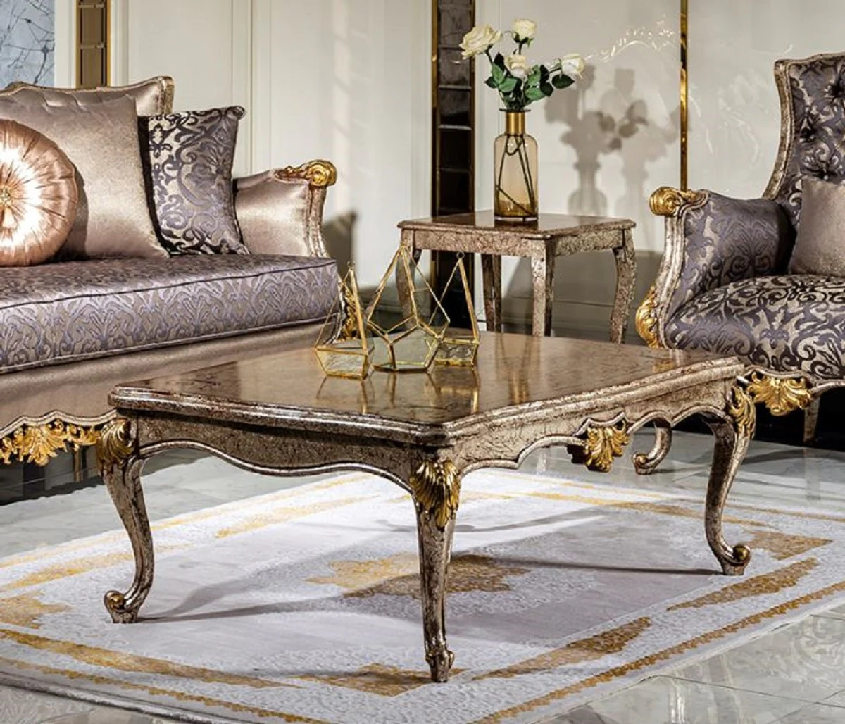 Luxury baroque coffee table antique silver / brown / gold - handmade solid wood living room table in baroque style - elegant baroque living room furniture