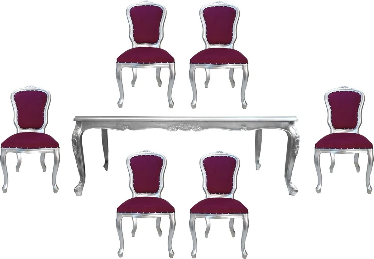 Luxury Baroque Dining Room Set Purple / Silver - 1 dining table with glass top and 6 dining chairs - Made in Italy - Luxury Collection