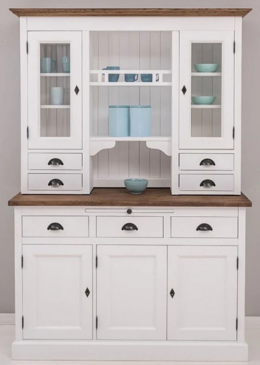 Country house style kitchen cabinet white / brown 138 x 50 x H. 197 cm - 2-part kitchen cabinet with 5 doors and 7 drawers - country house style kitchen furniture