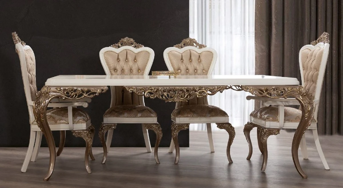 Luxury Baroque Dining Table White / Brown / Gold - Elegant Solid Wood Dining Room Table - Baroque Dining Room Furniture - Noble & Magnificent