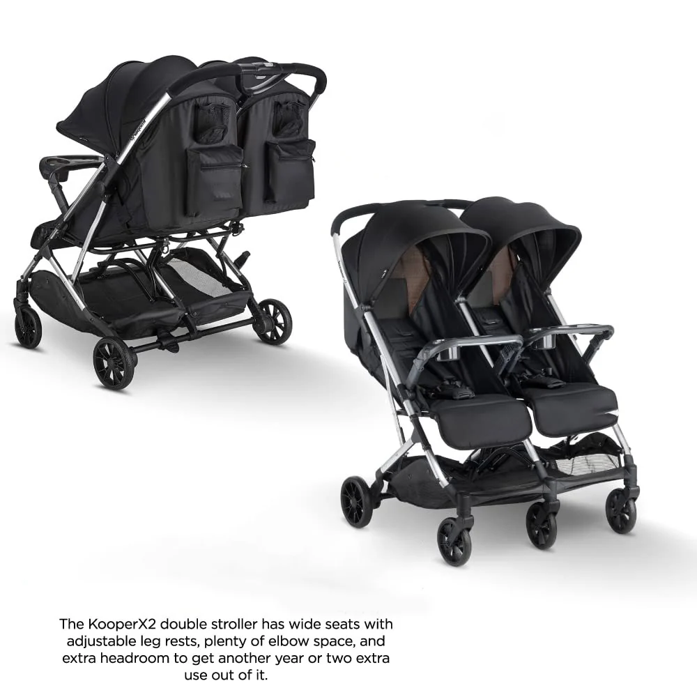 Side-by-Side-Doppelkinderwagen mit zwei Snack-Tabletts, einhändig klappbaren Sitzen, verstellbaren Liegesitzen, verstellbaren Beinstützen und 2 Reißverschlusstaschen zur Aufbewahrung, geschmiedetes Eisen