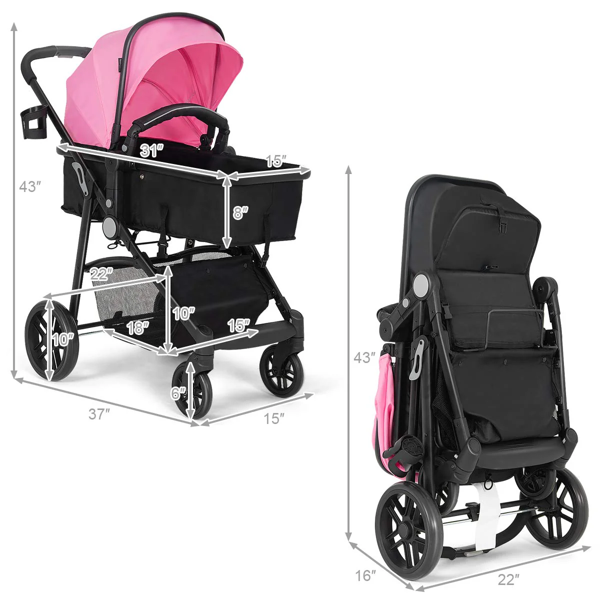 Kinderwagen, umwandelbarer Hochformat-Kinderwagen mit Stubenwagen, verstellbares Verdeck und Rückenlehne, Aufbewahrungskorb, Getränkehalter, faltbarer Kinderwagen für Neugeborene (Rosa)