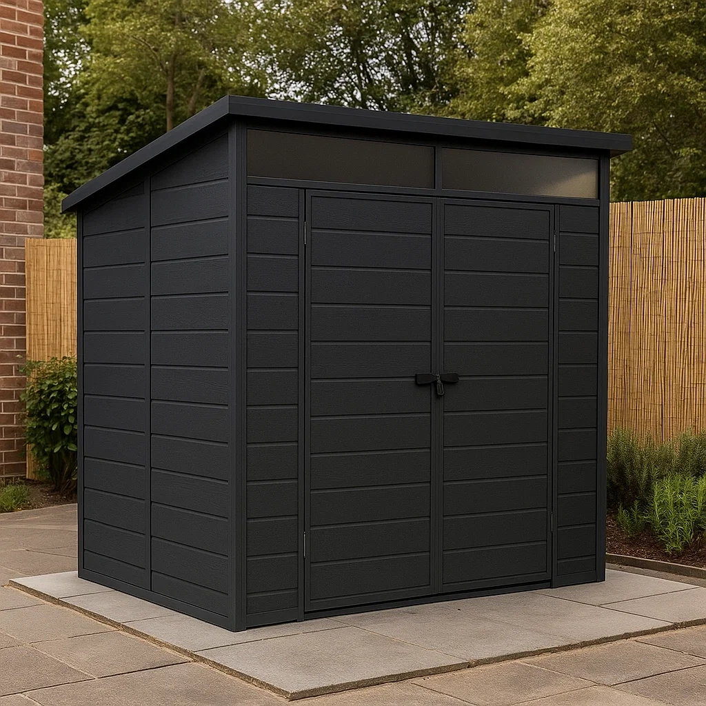 Gartenhaus aus Kunstharz, rechteckig, schwarz, Pultdach, freistehend, Maße 180 x 120 x 200 cm, zur Aufbewahrung im Garten - wX4eAgBe6tkL