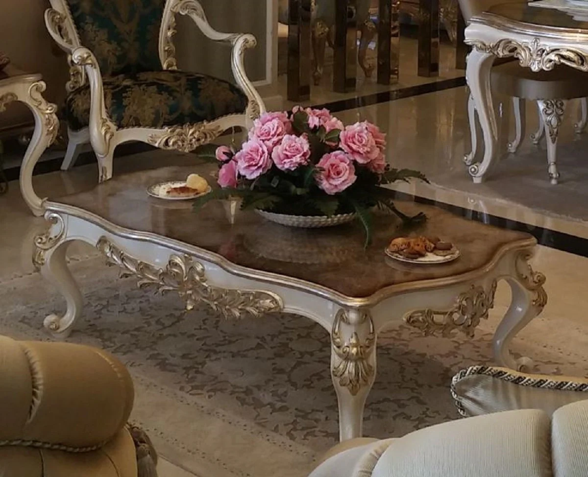 Luxury baroque coffee table brown / white / gold - rectangular solid wood living room table in baroque style - elegant baroque living room furniture