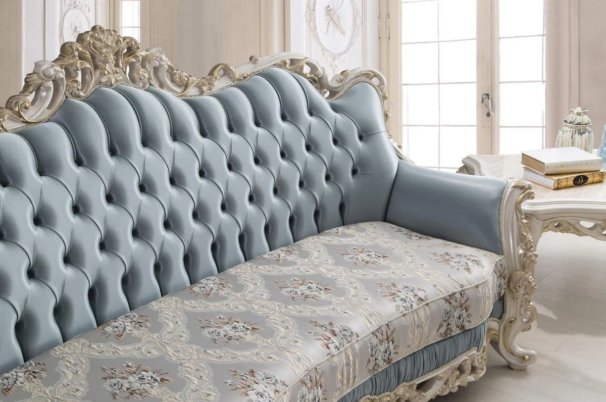 Luxury baroque living room sofa with decorative cushions light blue / cream / white / gold 240 x 90 x H. 120 cm - Noble baroque living room furniture