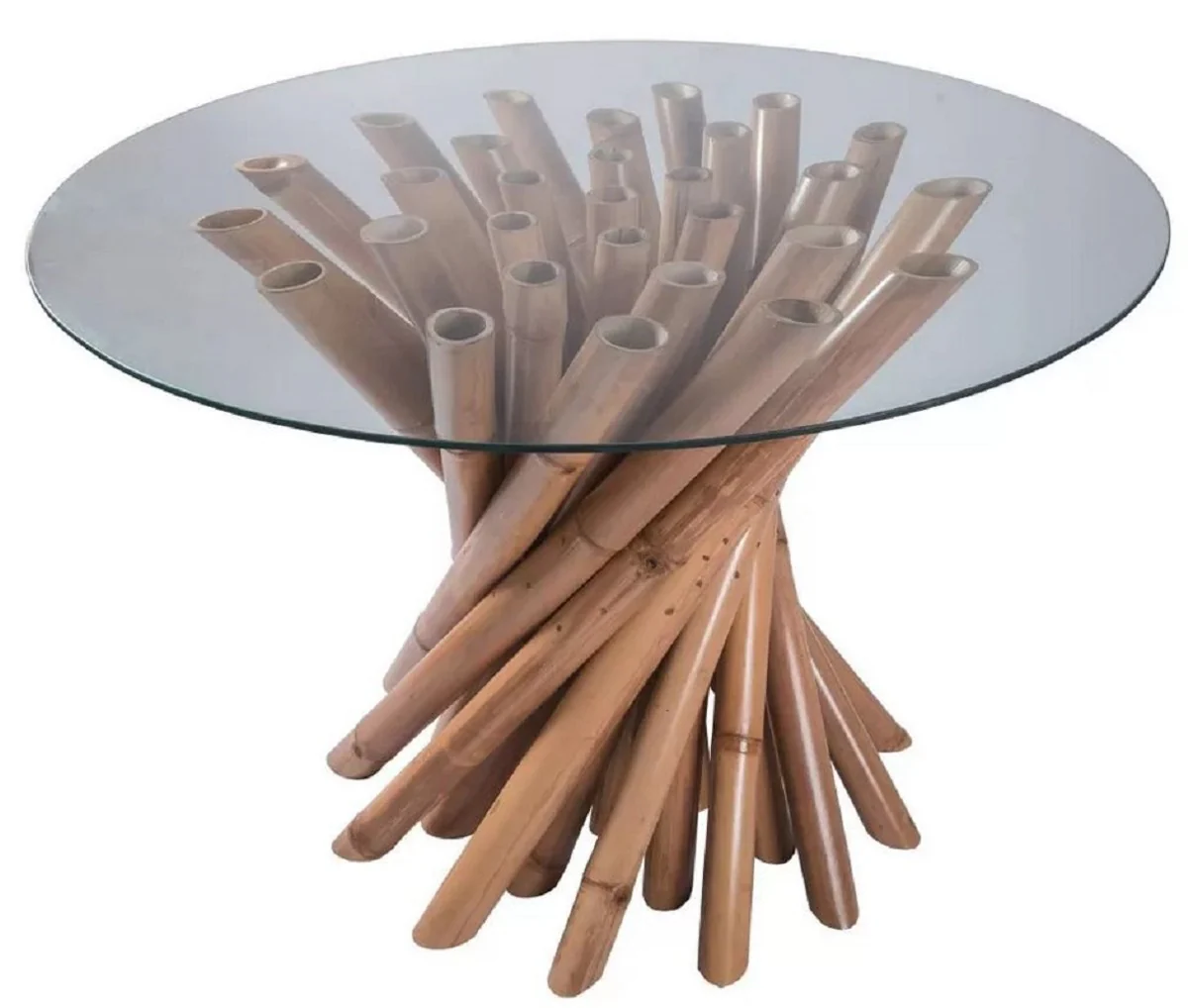 Luxury dining table natural colors Ø 120 x H. 80 cm - Round bamboo kitchen table with glass top - Dining room furniture - Bamboo furniture - Luxury furniture - Luxury dining room furnishings