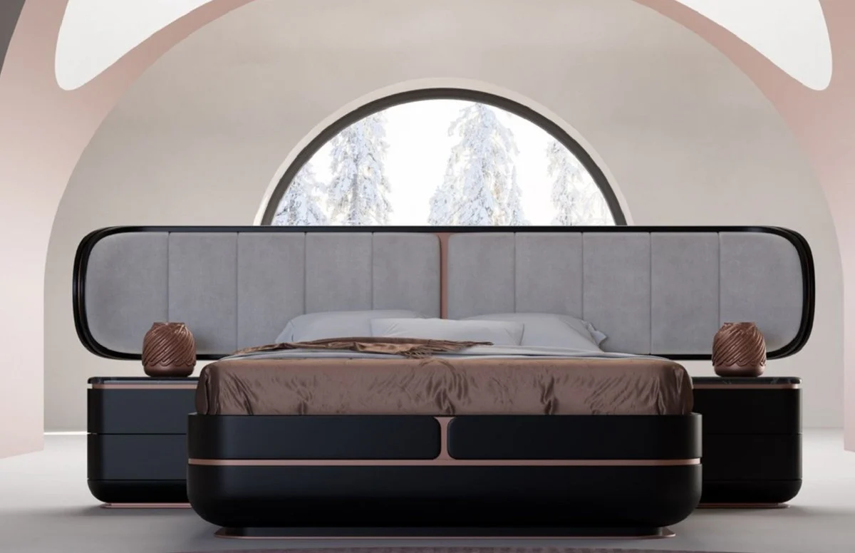 Luxury bedroom set gray / black / copper - 1 double bed with headboard & 2 nightstands - Luxury bedroom furniture - Luxury bedroom furnishings