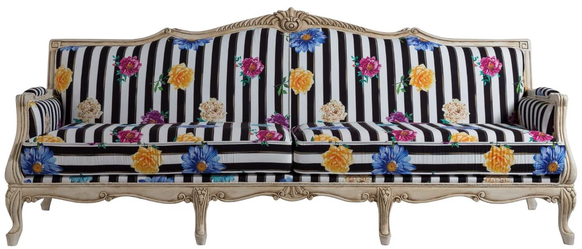 Luxury Baroque Sofa Black / White / Multicolor / Antique Cream 245 x 80 x H. 100 cm - Striped Baroque Style Sofa with Floral Pattern - Baroque Living Room Furniture
