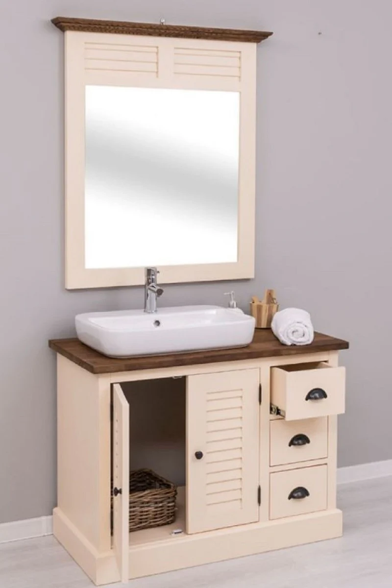 Country house style bathroom set beige / dark brown - 1 country house style washbasin with sink and tap & 1 country house style wall mirror - bathroom furniture in country house style