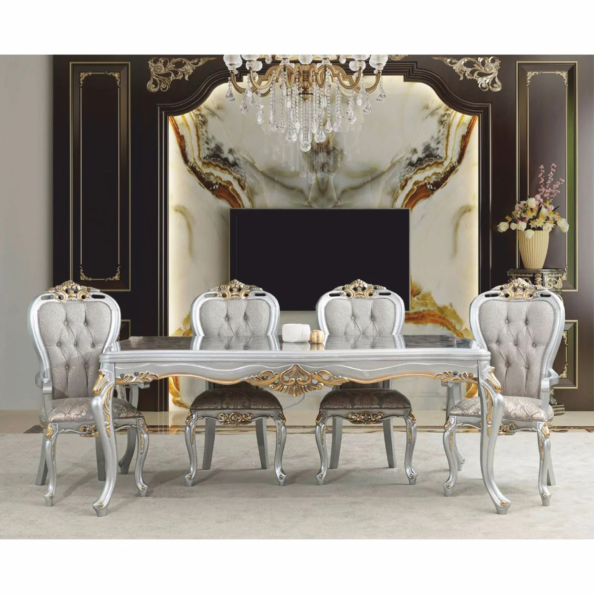 Luxury Baroque Dining Table Gray / Silver / Gold 165 cm - Baroque Furniture