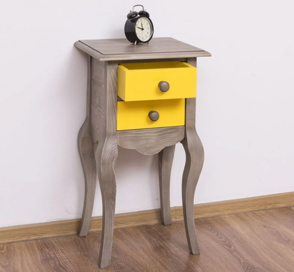 Country house style side table light gray / yellow 40 x 34 x H. 70 cm - Solid wood bedside table - Small bedroom chest of drawers with 2 drawers - Country house style furniture