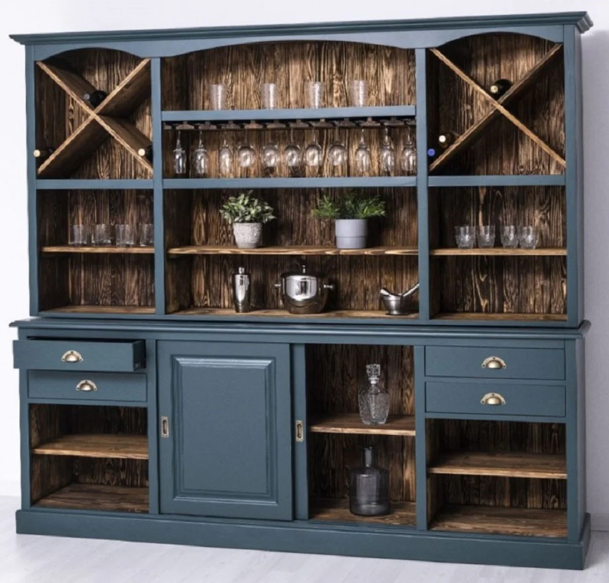 Country house style bar cabinet blue / dark brown 240 x 50 x H. 210 cm - Solid wood wine cabinet in country house style - Country house style furniture - Bar furniture in country house style - Country house style furnishings