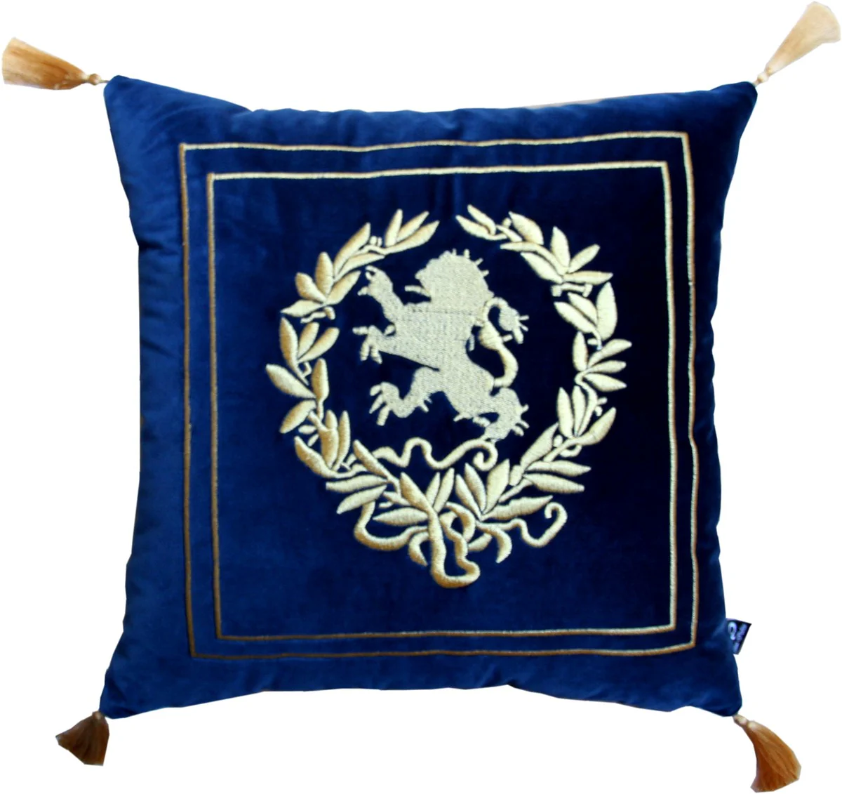 Luxus Deko Kissen Wappen Dunkelblau / Gold mit goldenen Troddeln 45 x 45 cm - Feinster Samtstoff - Luxus Wohndeko