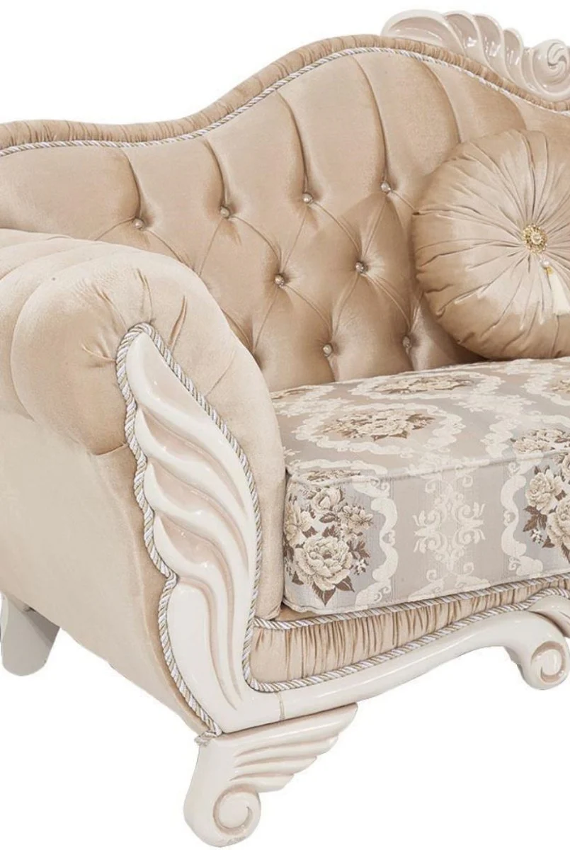 Luxury baroque sofa beige / white 230 x 88 x H. 96 cm - living room sofa with floral pattern and decorative pillows - baroque furniture