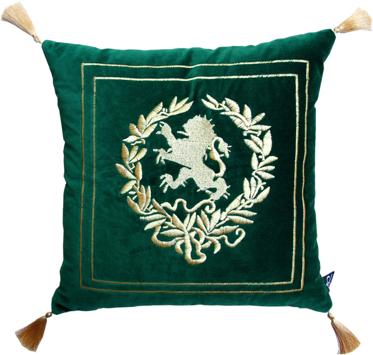 Luxus Deko Kissen Wappen Dunkelgrün / Gold mit goldenen Troddeln 45 x 45 cm - Feinster Samtstoff - Luxus Wohndeko