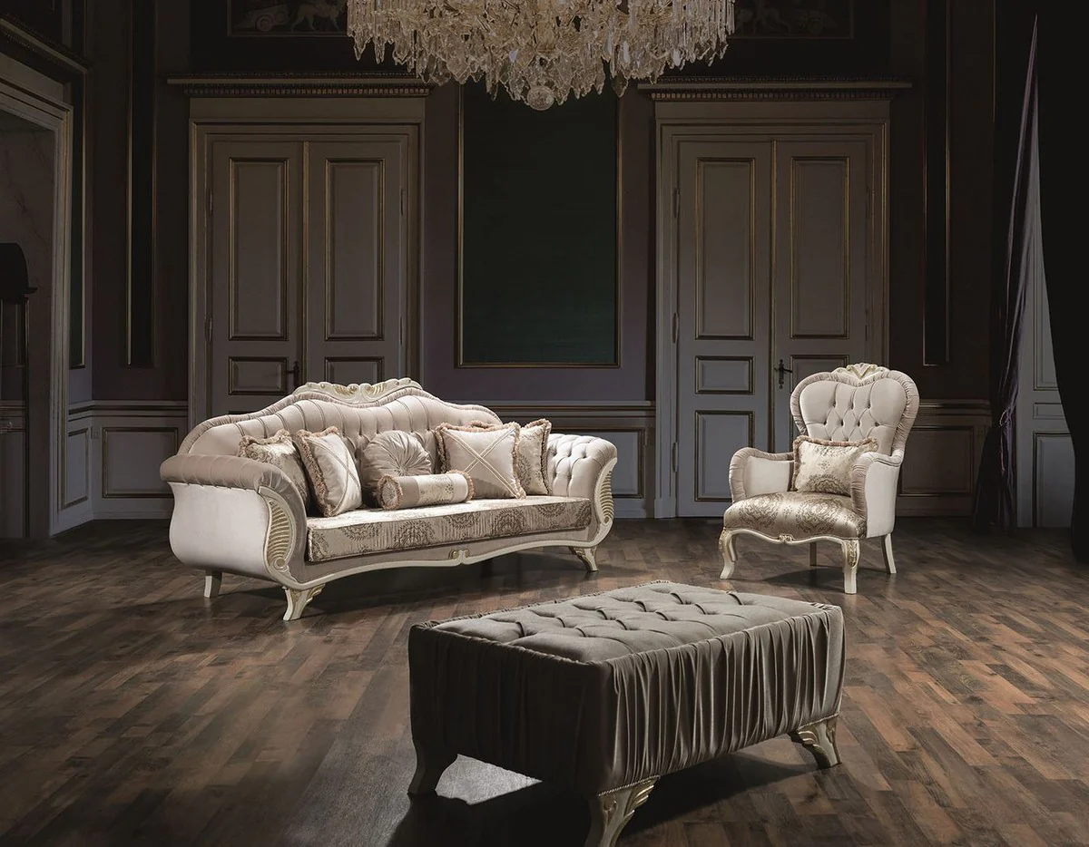 Luxus Barock Wohnzimmer Set Grau / Creme / Gold - 2 Sofas & 2 Sessel & 1 Couchtisch - Wohnzimmermöbel im Barockstil - Edle Barock Möbel