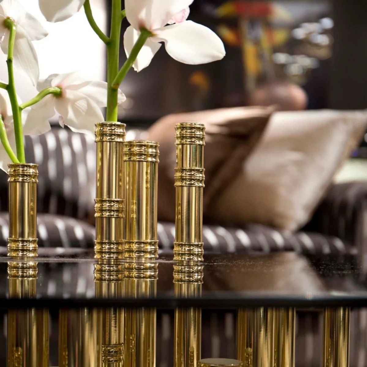 Luxury designer coffee table bamboo gold 180 x 80 x H. 57 cm - living room table with oval glass top - living room furniture - hotel furniture - luxury quality