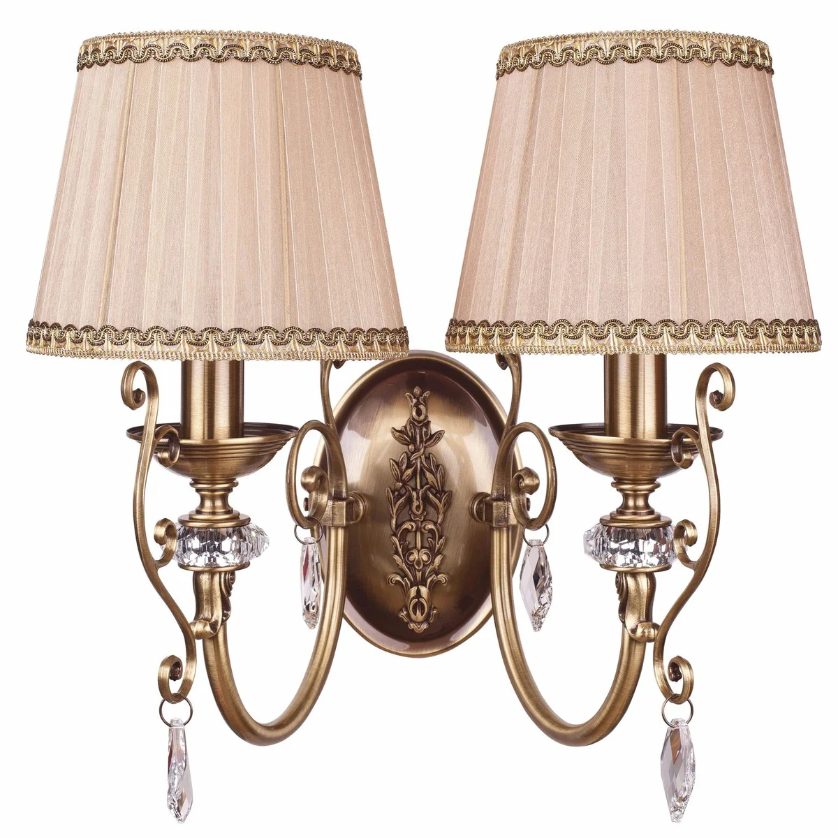 Luxury baroque crystal double wall light brass with patina / beige-gold H. 37 cm
