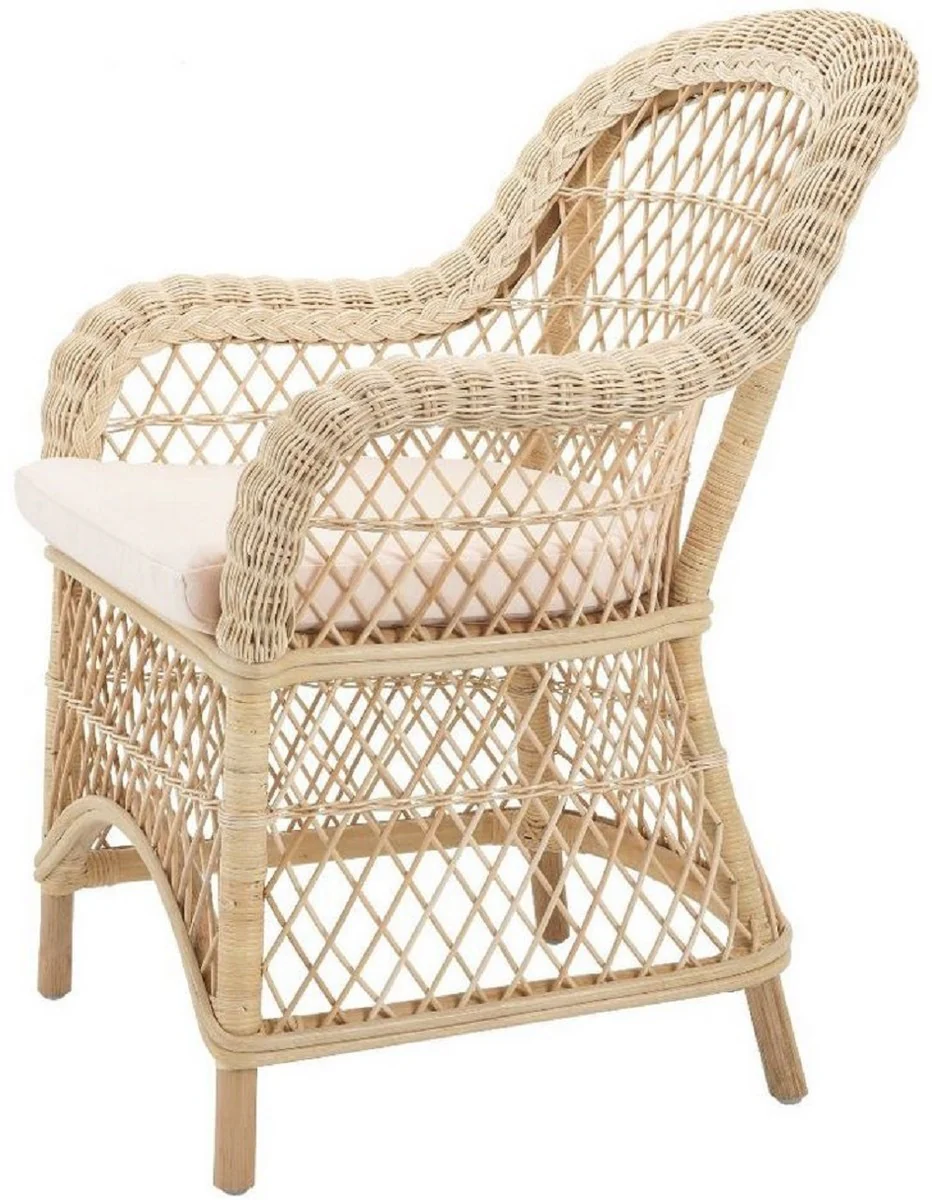 Luxury rattan dining chair with armrests and cushions natural / cream 63 x 68 x H. 88 cm - Dining room furniture