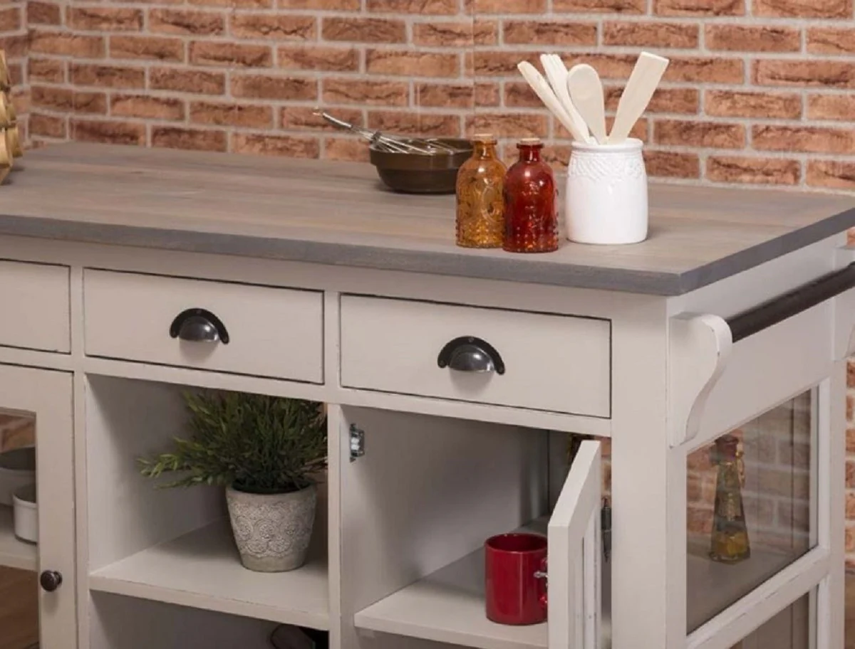 Country house style kitchen island gray 135 x 65 x H. 90 cm - solid wood kitchen cabinet - country house style solid wood kitchen furniture - solid wood dining room furniture in country house style