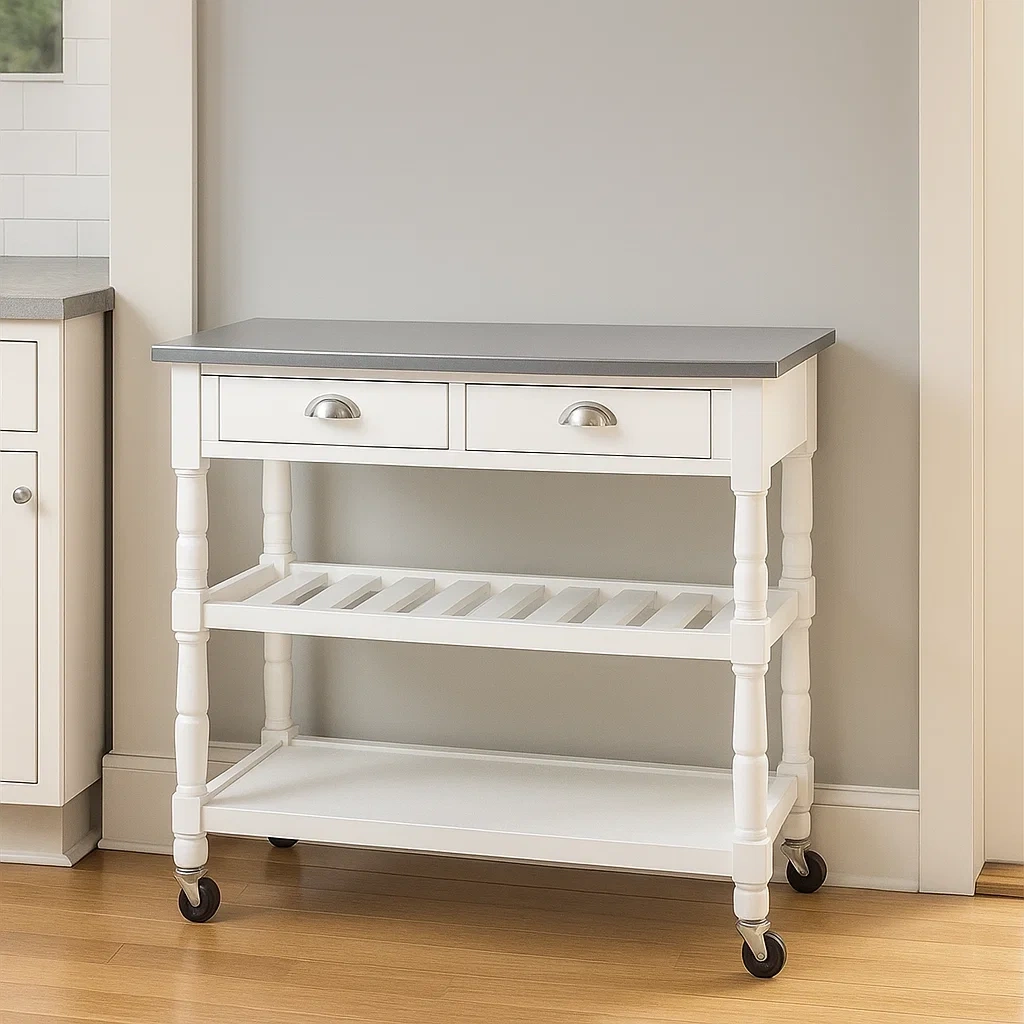 Küchenwagen, weiß, Holz und Stahl, für die Küche, 114 x 52 x 90 cm