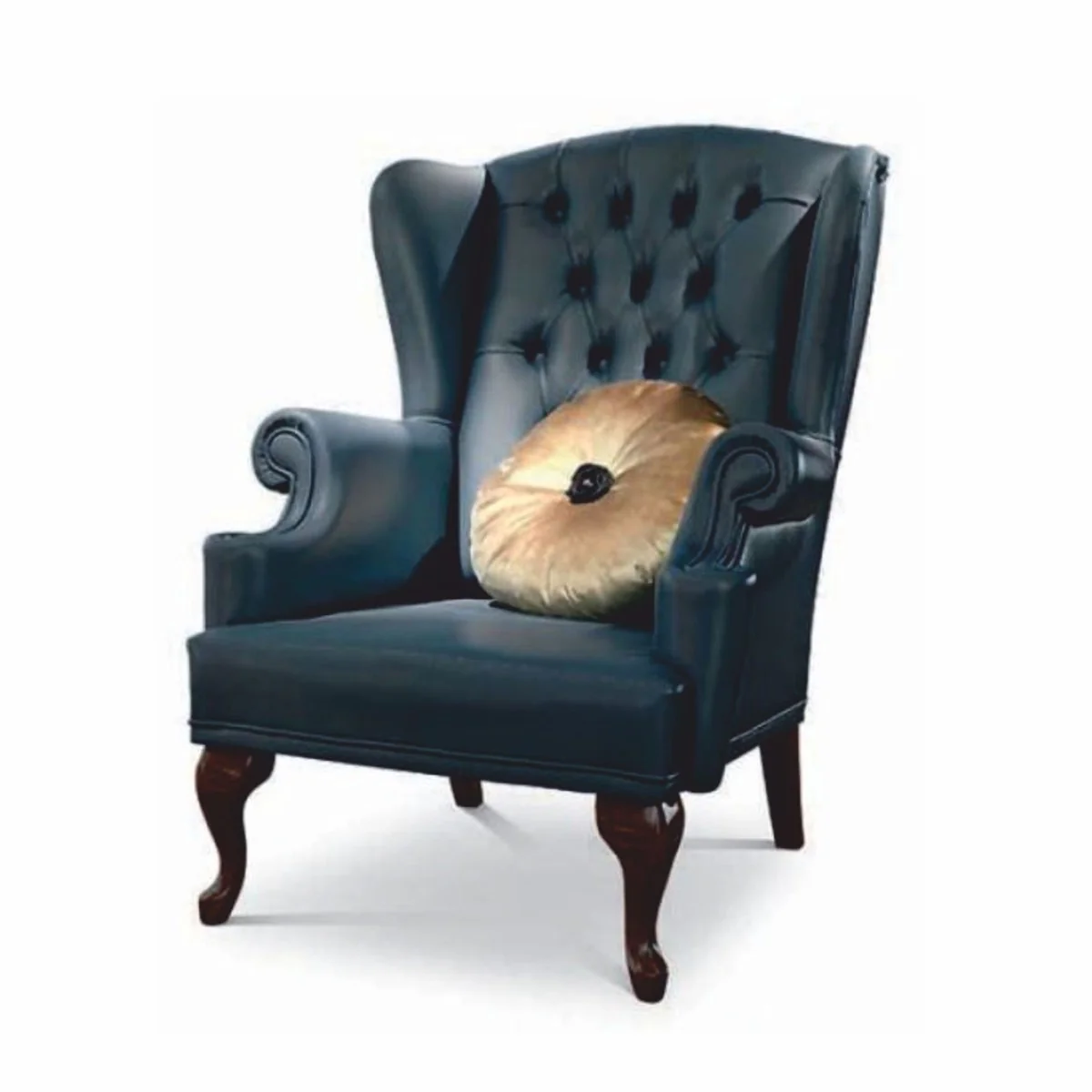 Luxury Baroque Chesterfield genuine leather wing chair blue / dark brown - Made in Italy