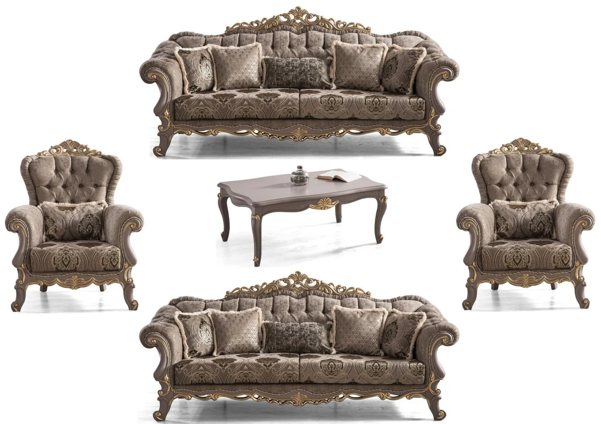 Luxus Barock Wohnzimmer Set Braun / Grau / Gold - 2 Sofas & 2 Sessel & 1 Couchtisch - Prunkvolle Barock Wohnzimmer Möbel