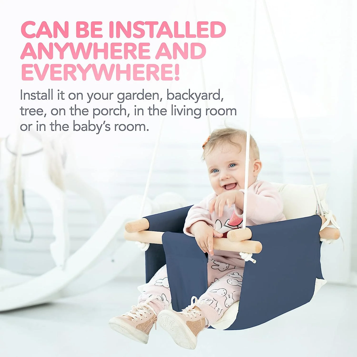 Babyschaukel aus Segeltuch, hängender Schaukelsitz aus Holz mit Sicherheitsgurt, langlebiger Baby-Hängemattenstuhl, Außen- und Innenschaukel für Kinder, Montagezubehör im Lieferumfang enthalten, Elfenbeinfarben