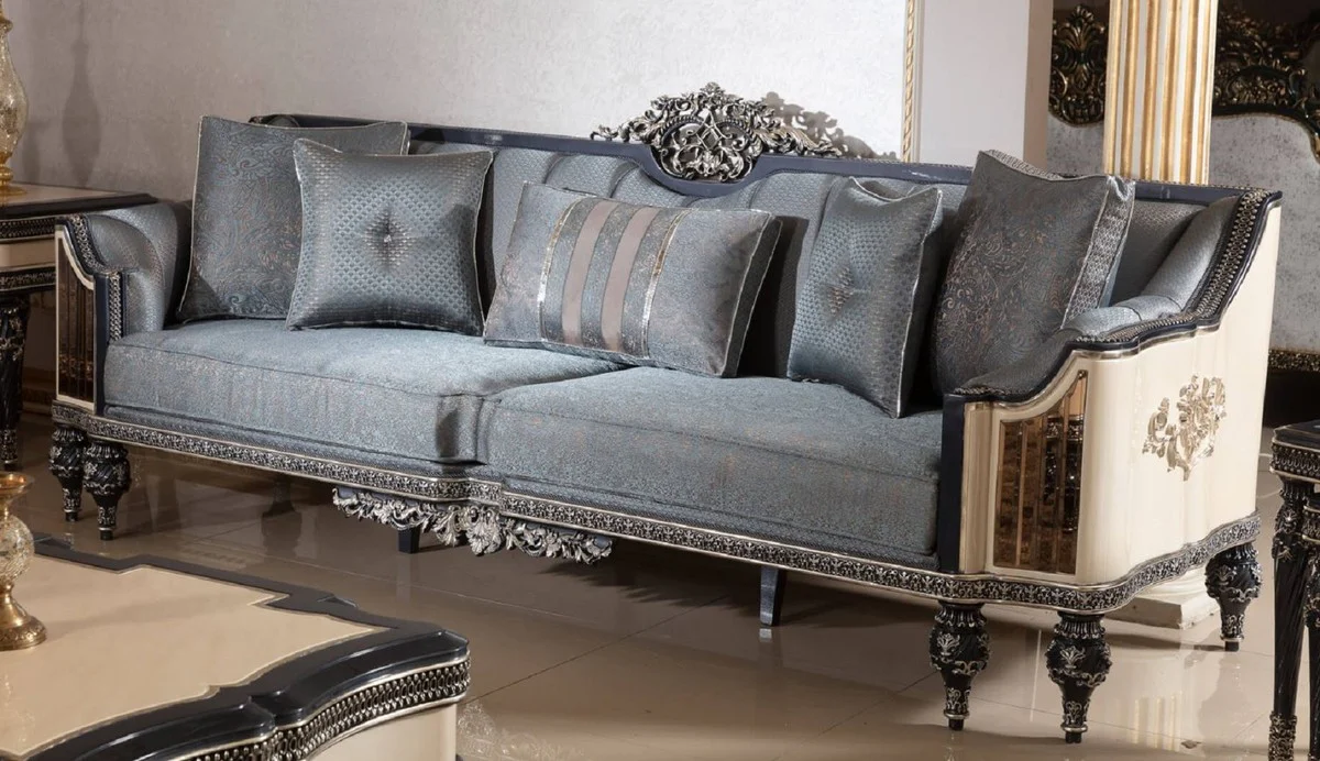 Luxury Baroque Sofa Light Blue / Beige / Black / Gold - Magnificent Living Room Sofa with Elegant Pattern - Baroque Living Room & Hotel Furniture - Noble & Magnificent