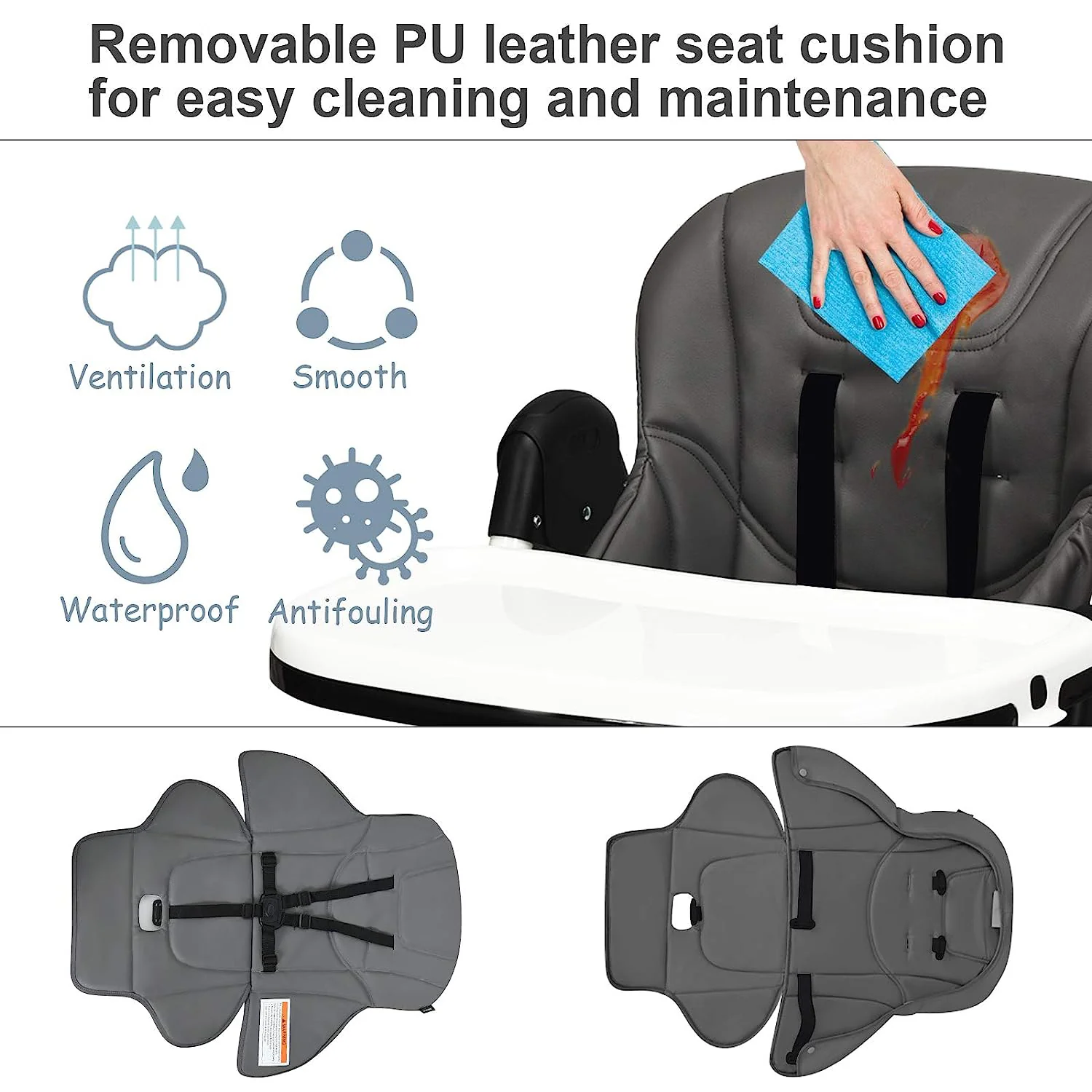 Hochstuhl für Babys und Kleinkinder, faltbarer Hochstuhl mit mehrfach verstellbarer Rückenlehne, Fußstütze und Sitzhöhe, abnehmbarem Tablett, abnehmbarem PU-Lederkissen, integrierten Hinterrädern (schwarz)