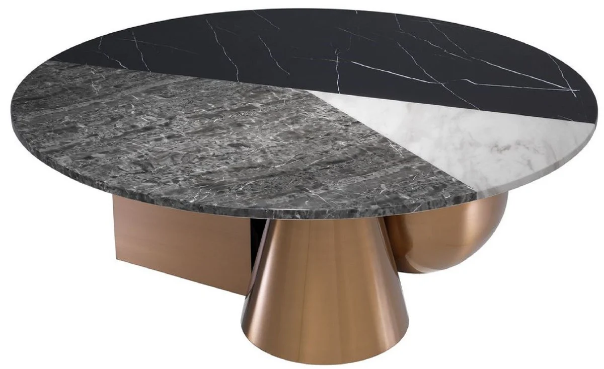 Luxury coffee table black / white / gray / copper Ø 120 x H. 42.5 cm - Round living room table with 3-colored artificial marble table top - Luxury furniture