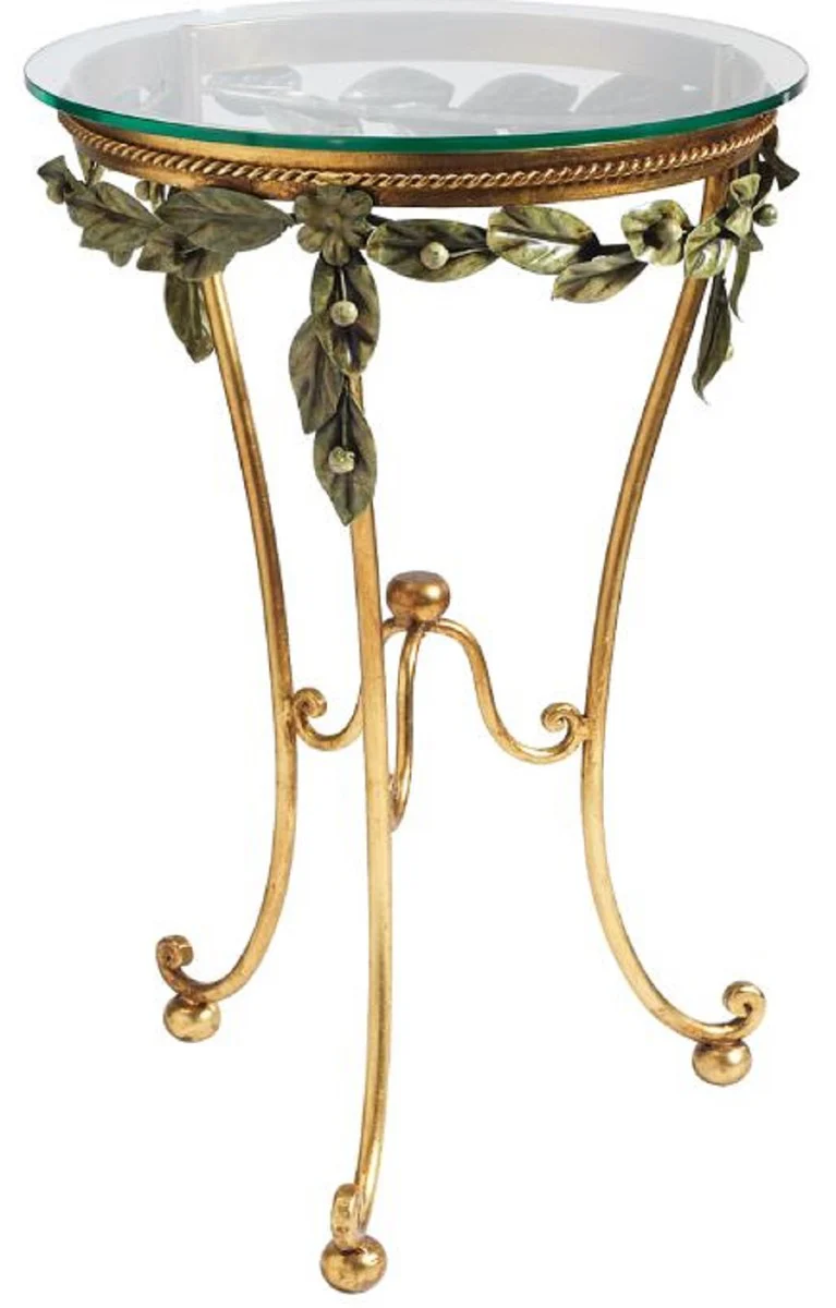 Luxury baroque side table gold / green Ø 45 x H. 70 cm - hand-forged table with glass top - baroque living room furniture