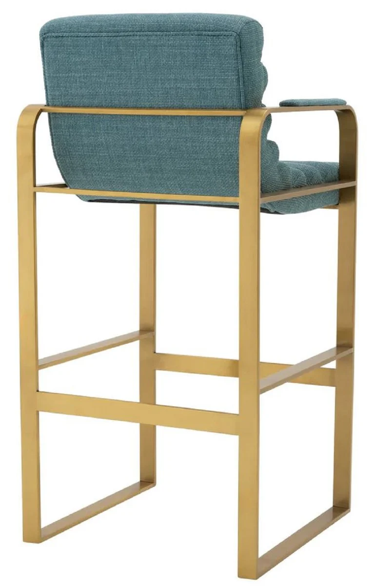Luxury bar chair with armrests blue / brass 53.5 x 57.5 x H. 107 cm - Padded stainless steel bar stool - Bar furniture - Luxury furniture - Luxury quality