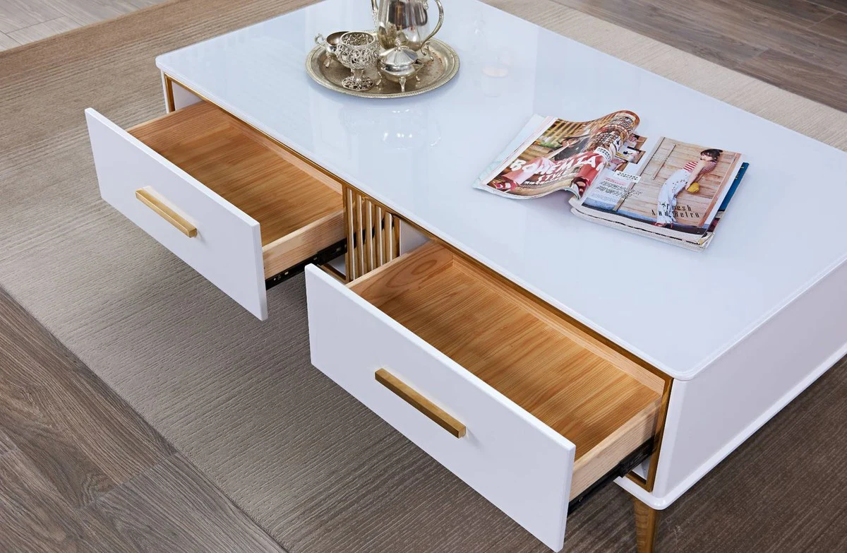 Luxury coffee table white / gold 130 x 70 x H. 41 cm - Modern living room table with 2 drawers - Modern living room furniture