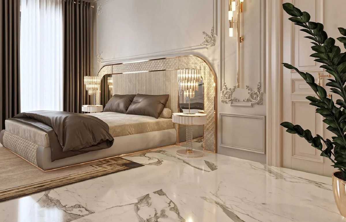 Luxury Art Deco double bed gray / gold 350 x 209.5 x H. 140 cm - Elegant solid wood bed with mirrored headboard - Luxury bedroom furniture - Hotel furniture - Art Deco furniture