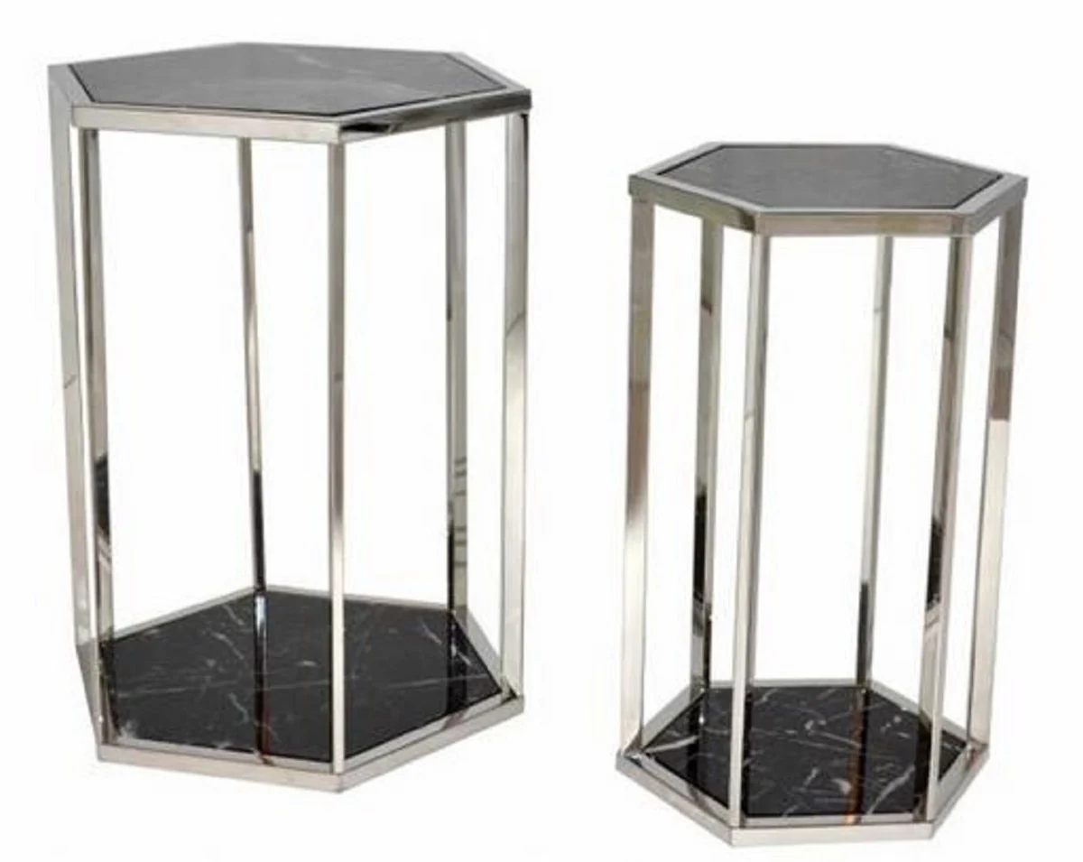 Luxury side table set silver / black - stainless steel tables with marble tops - luxury collection
