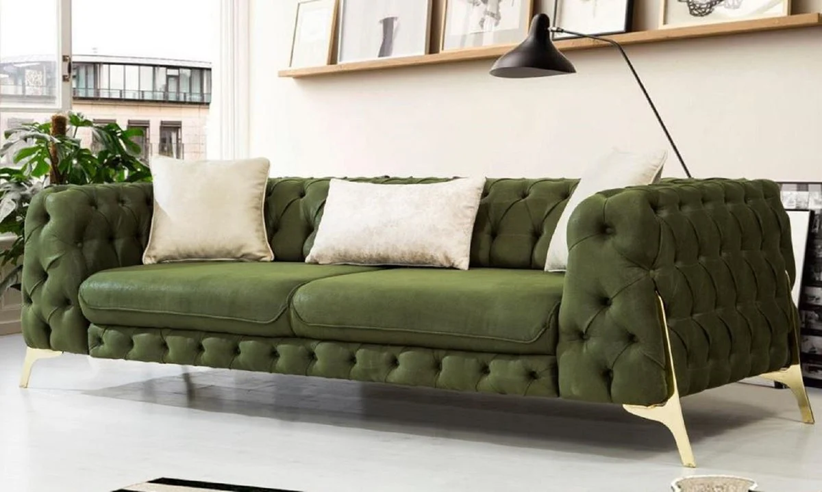 Luxury Chesterfield sofa bed dark green / gold 250 x 95 x H. 72 cm - Modern living room sofa - Chesterfield living room furniture