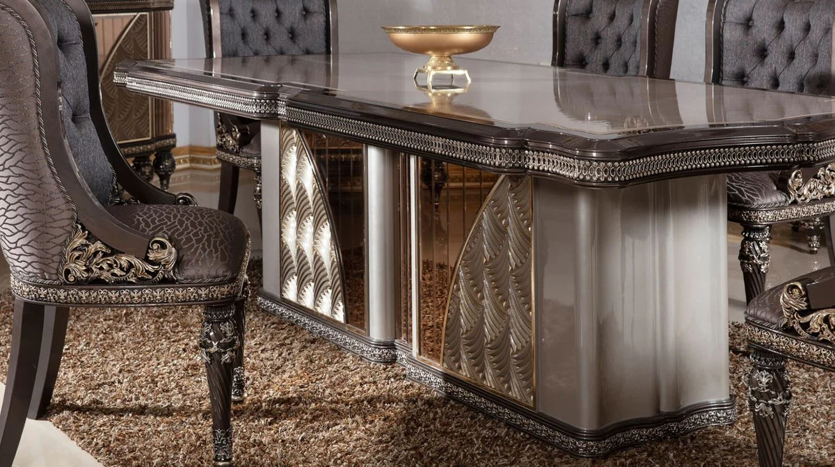 Luxury Baroque Dining Room Set Blue / Gray / Dark Brown / Gold - 1 Baroque Dining Table & 6 Baroque Dining Chairs - Luxury Dining Room Furniture in Baroque Style - Baroque Furniture - Noble & Magnificent