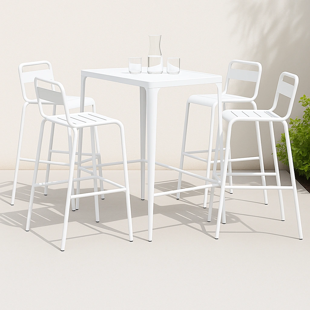 Barset + Stehtisch mit Hockern + weiß + Aluminium + für den Außenbereich/Innenbereich