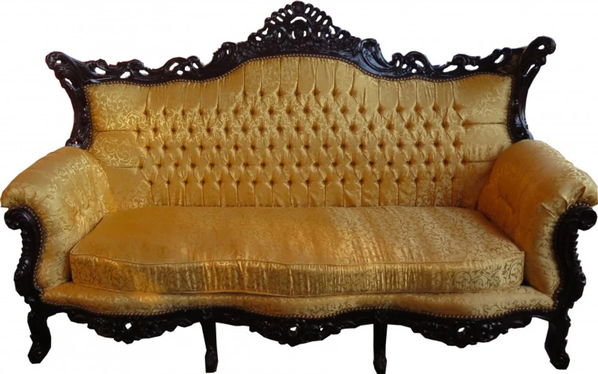 Baroque 3 Seater Sofa Gold Pattern / Mahogany Brown - Living Room Furniture Couch Lounge
