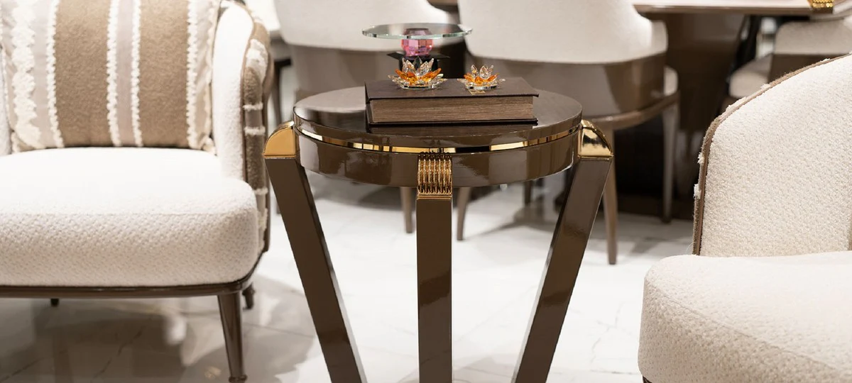 Luxury side table brown / gold - round solid wood side table - living room furniture - hotel furniture - luxury furniture
