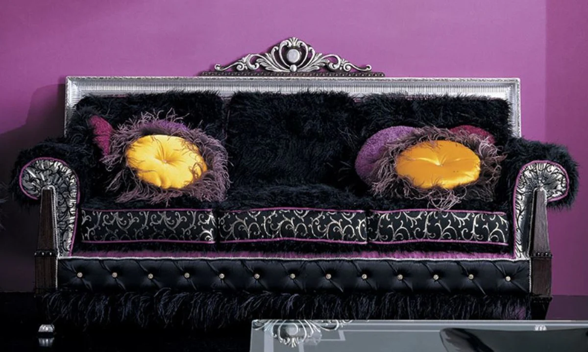 Luxury Baroque Sofa Dark Brown / Black / Silver / Purple 215 x 80 x H. 120 cm - Magnificent Living Room Sofa - First Class Quality - Made in Italy