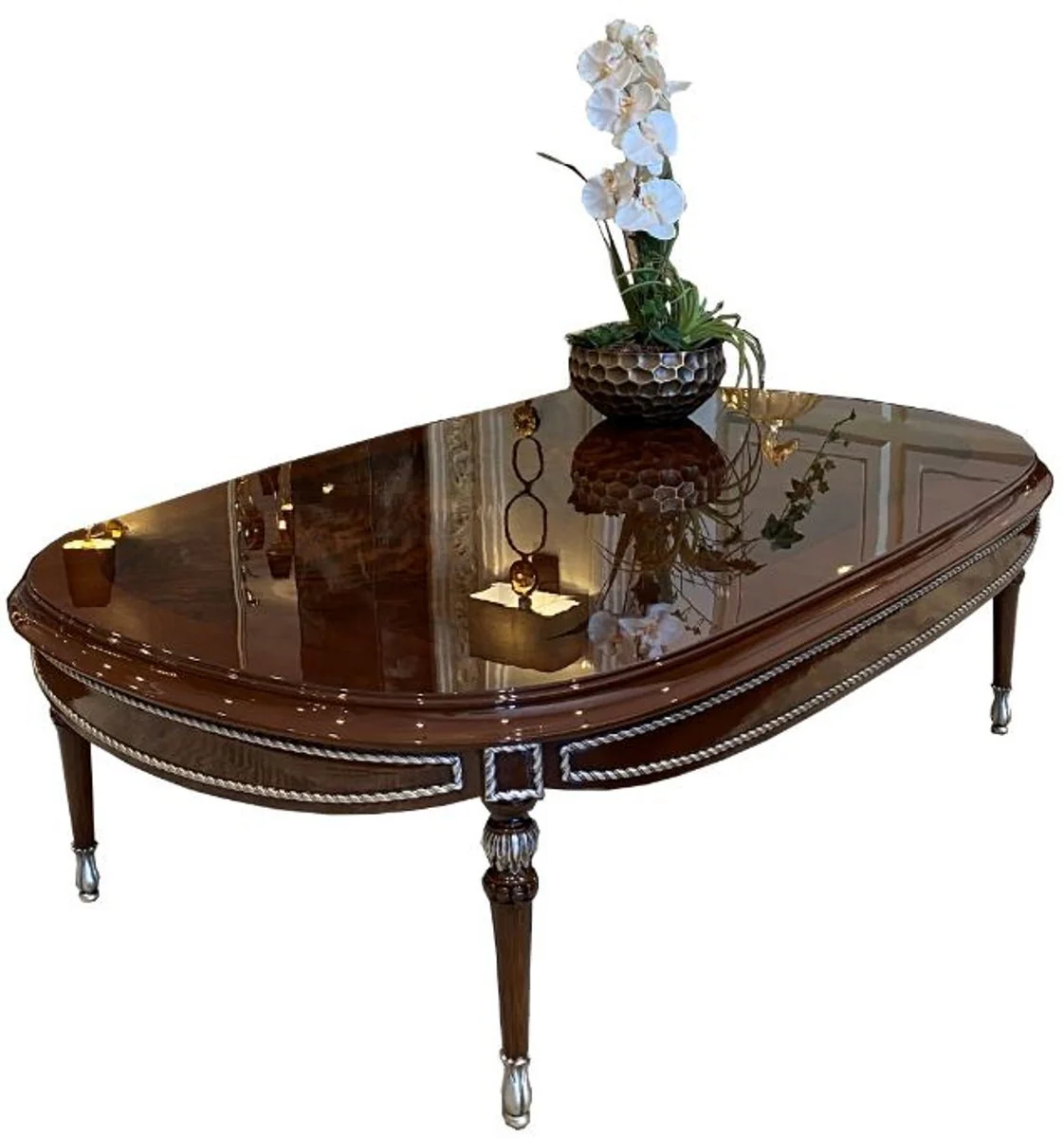 Luxury baroque coffee table brown / silver 144 x 92 x H. 45 cm - Oval solid wood living room table - Noble baroque living room furniture