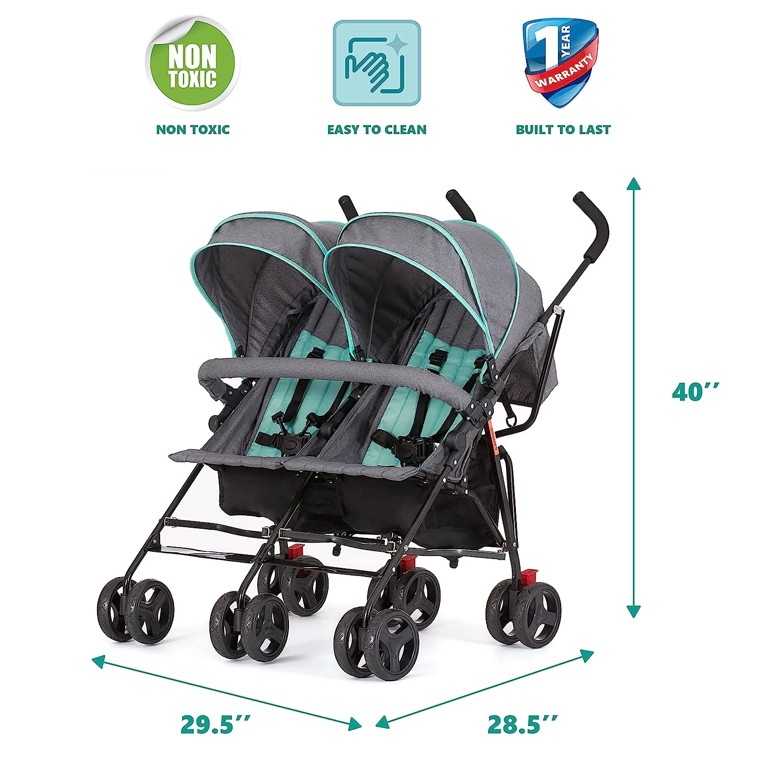 Zwillings-Regenschirm-Kinderwagen in Mint, leichter Doppel-Kinderwagen für Säuglinge und Kleinkinder, kompakt, einfach zusammenklappbar, großer Aufbewahrungskorb, großes und verstellbares Verdeck