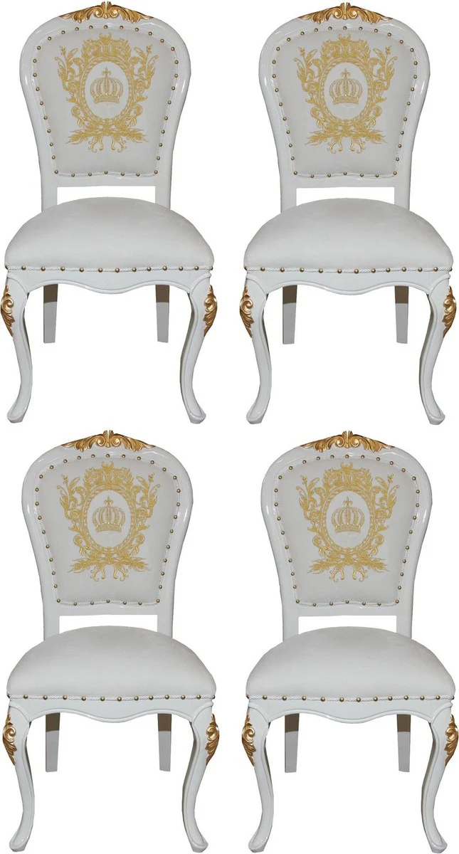 Pompöös by Luxury Baroque Dining Room Chairs with Crown White / Gold - Pompöös Baroque Chairs designed by Harald Glööckler - 4 Dining Room Chairs - Baroque Dining Room Furniture