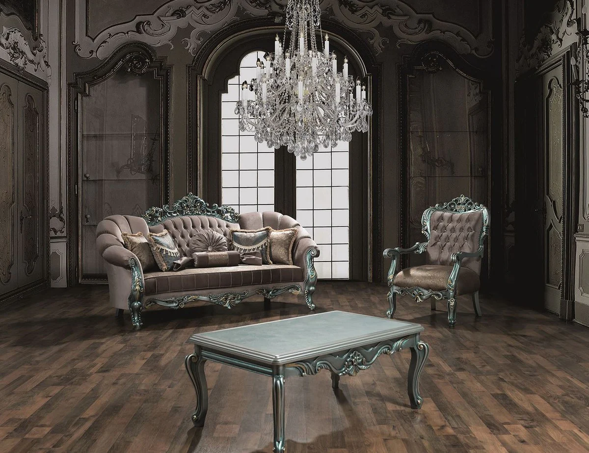 Luxury baroque velvet sofa gray / green / gold 225 x 95 x H. 115 cm - magnificent living room sofa with rhinestones and decorative cushions