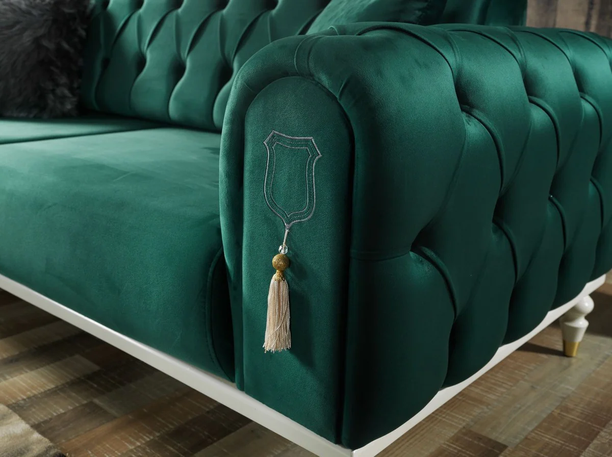 Luxury Chesterfield sofa bed green / white / gold 230 x 95 x H. 83 cm - Living room sofa with 3 cushions - Luxury living room furniture